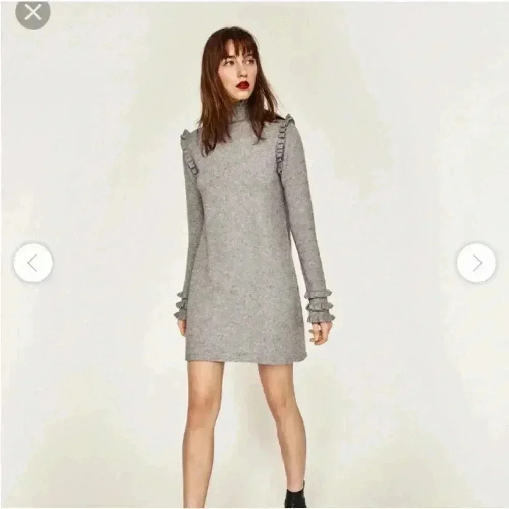[L]Zara Knit Gray Ruffled Sleeve Wool Blend  Tunic Dress